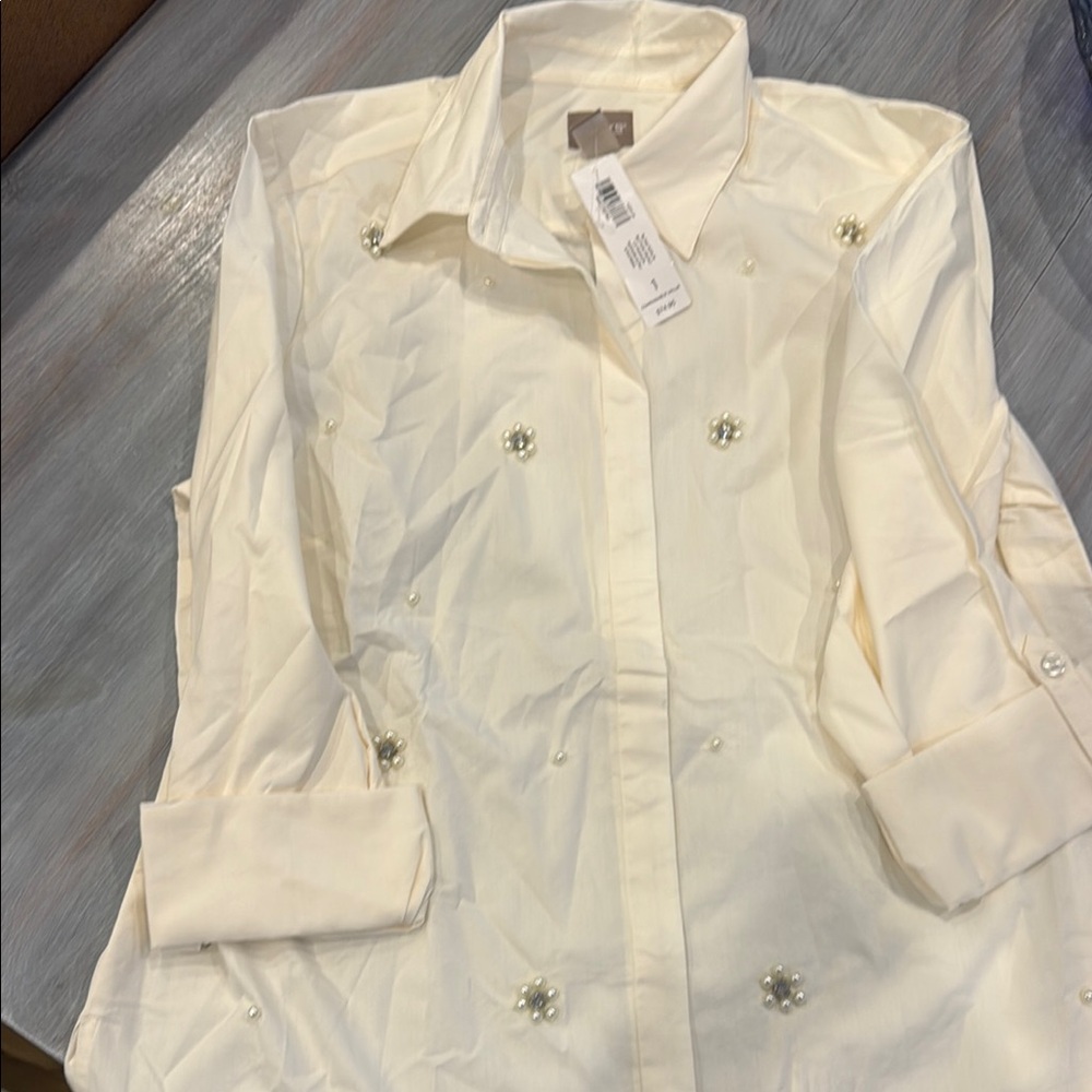 Chico's Cream Pearl-Embellished Button-Down Shirt